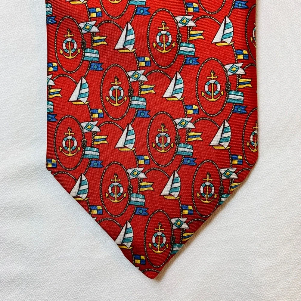 Serry's Necktie All Silk Made in England Nautical Anchor Sailboat Pattern Preppy